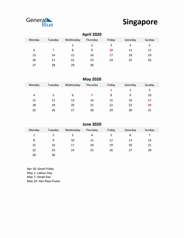 Printable Quarterly Calendar with Notes and Singapore Holidays- Q2 of 2020