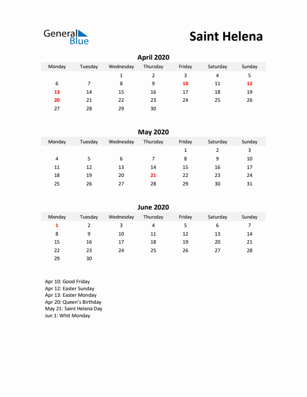 Printable Quarterly Calendar with Notes and Saint Helena Holidays- Q2 of 2020