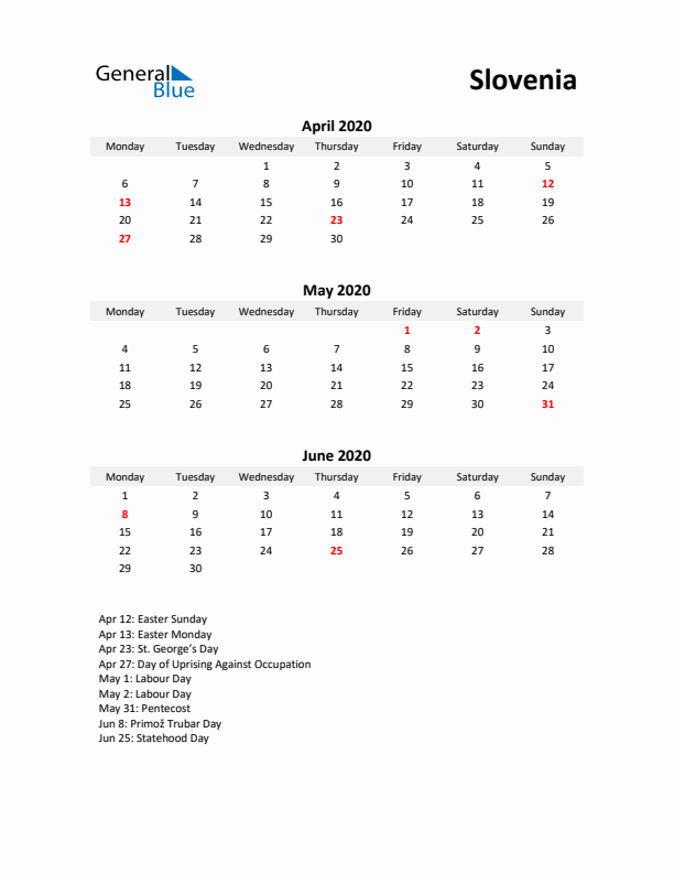 Printable Quarterly Calendar with Notes and Slovenia Holidays- Q2 of 2020