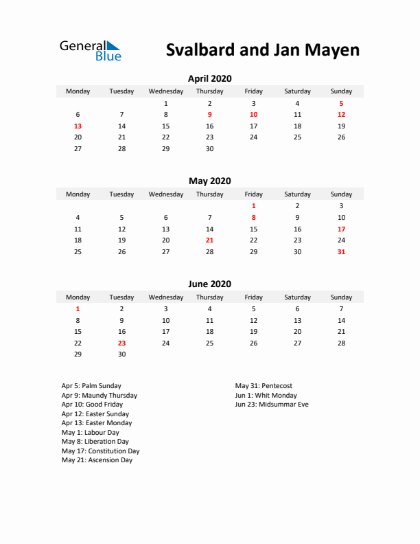 Printable Quarterly Calendar with Notes and Svalbard and Jan Mayen Holidays- Q2 of 2020