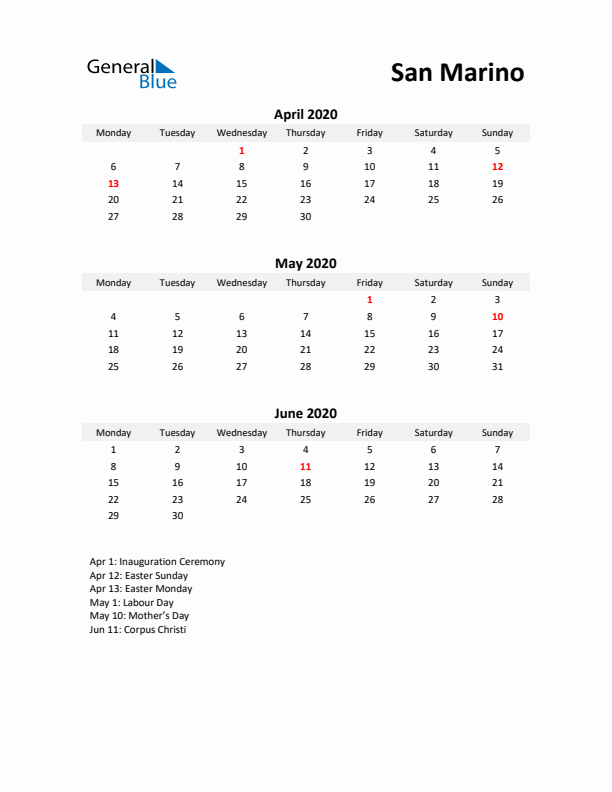 Printable Quarterly Calendar with Notes and San Marino Holidays- Q2 of 2020