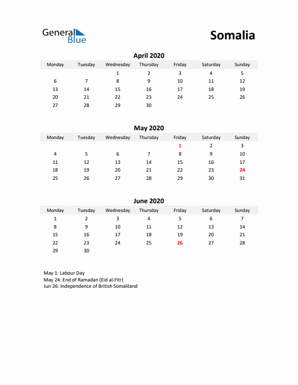 Printable Quarterly Calendar with Notes and Somalia Holidays- Q2 of 2020