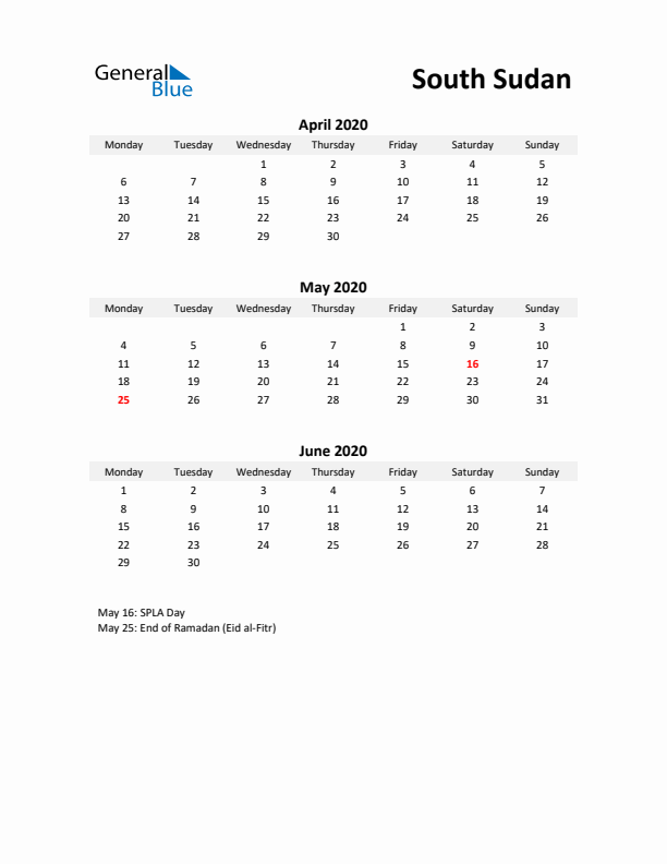 Printable Quarterly Calendar with Notes and South Sudan Holidays- Q2 of 2020