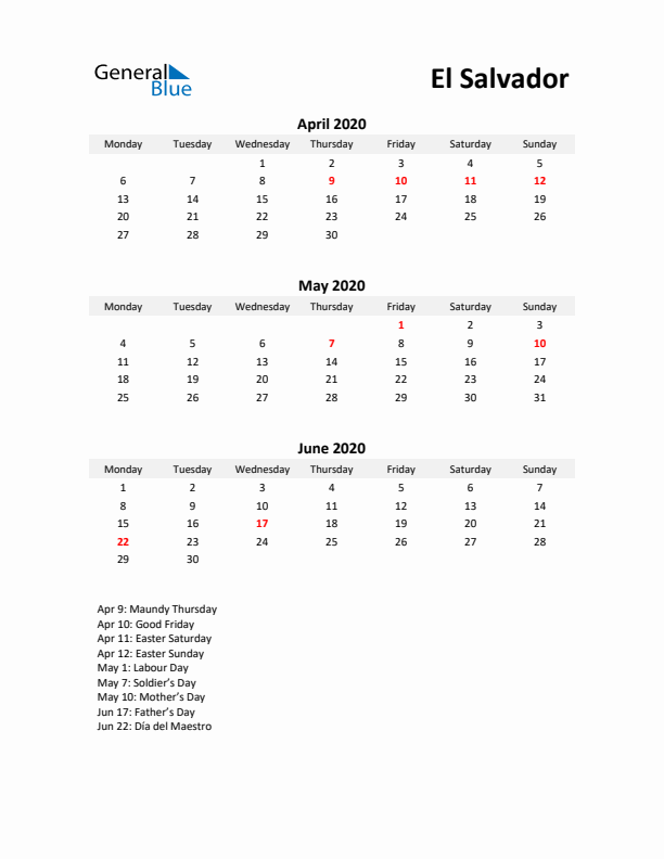 Printable Quarterly Calendar with Notes and El Salvador Holidays- Q2 of 2020