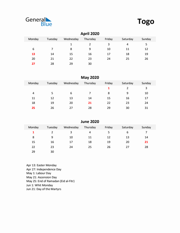 Printable Quarterly Calendar with Notes and Togo Holidays- Q2 of 2020