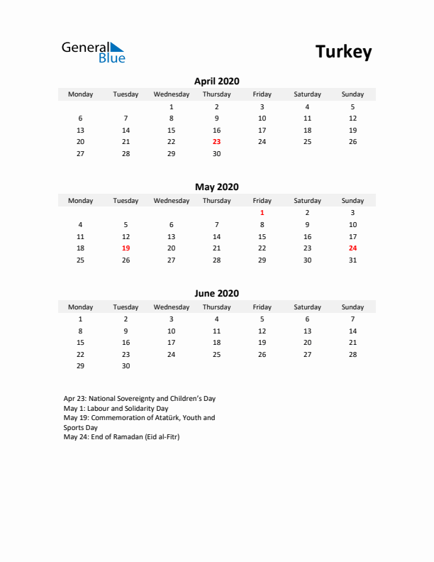 Printable Quarterly Calendar with Notes and Turkey Holidays- Q2 of 2020