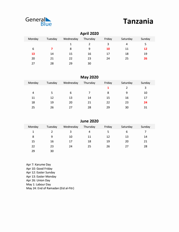 Printable Quarterly Calendar with Notes and Tanzania Holidays- Q2 of 2020