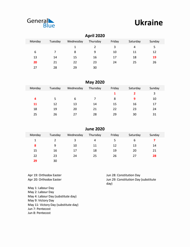 Printable Quarterly Calendar with Notes and Ukraine Holidays- Q2 of 2020