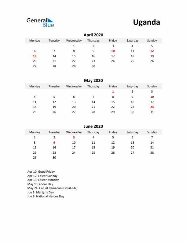 Printable Quarterly Calendar with Notes and Uganda Holidays- Q2 of 2020