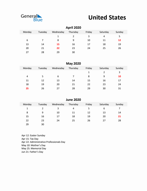 Printable Quarterly Calendar with Notes and United States Holidays- Q2 of 2020