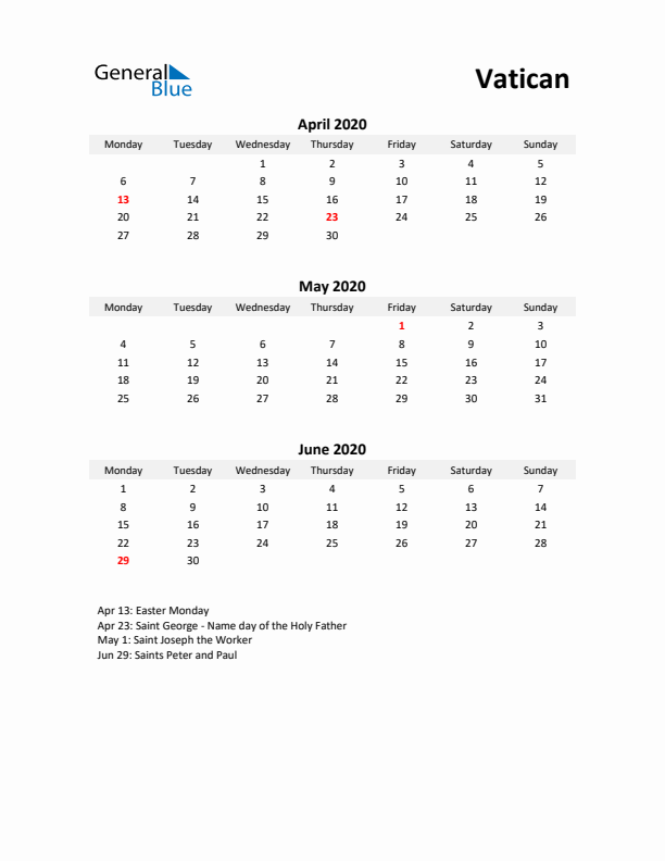 Printable Quarterly Calendar with Notes and Vatican Holidays- Q2 of 2020