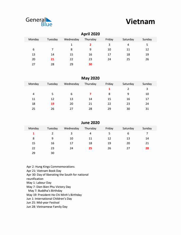 Printable Quarterly Calendar with Notes and Vietnam Holidays- Q2 of 2020