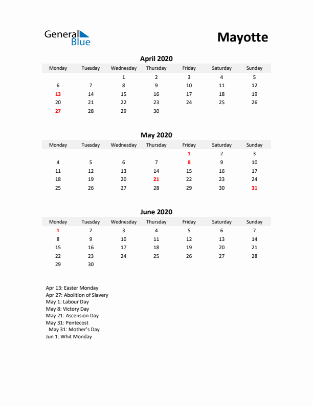 Printable Quarterly Calendar with Notes and Mayotte Holidays- Q2 of 2020