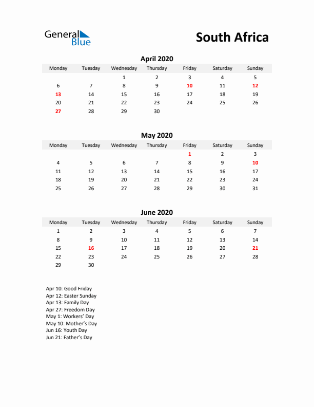 Printable Quarterly Calendar with Notes and South Africa Holidays- Q2 of 2020