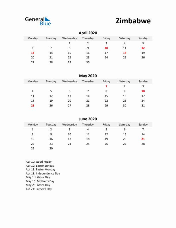 Printable Quarterly Calendar with Notes and Zimbabwe Holidays- Q2 of 2020