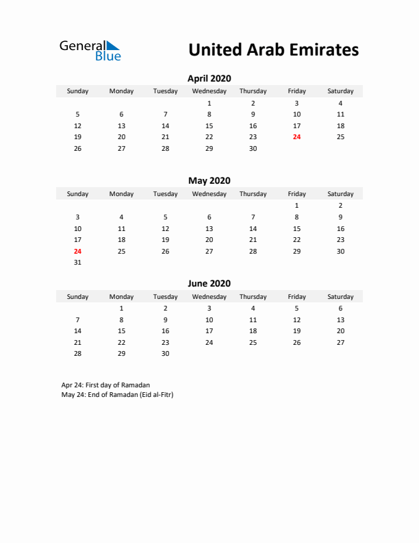 Printable Quarterly Calendar with Notes and United Arab Emirates Holidays- Q2 of 2020