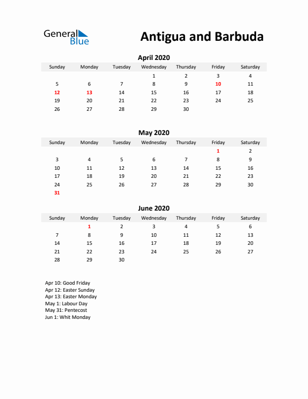 Printable Quarterly Calendar with Notes and Antigua and Barbuda Holidays- Q2 of 2020