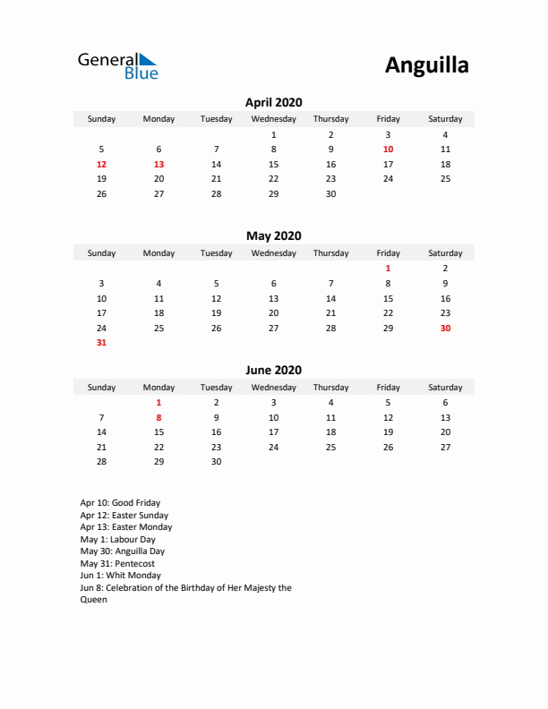 Printable Quarterly Calendar with Notes and Anguilla Holidays- Q2 of 2020