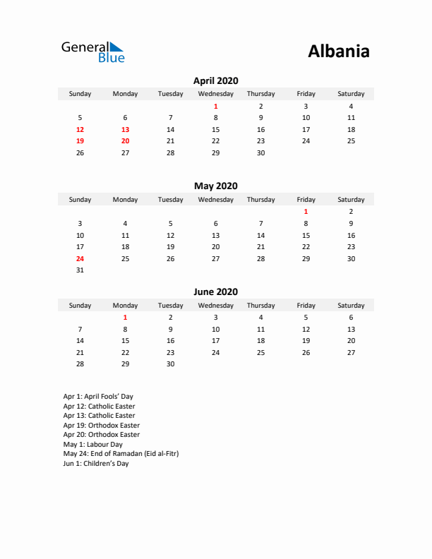 Printable Quarterly Calendar with Notes and Albania Holidays- Q2 of 2020