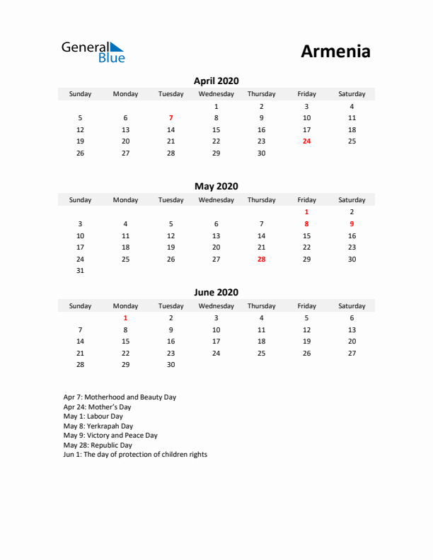 Printable Quarterly Calendar with Notes and Armenia Holidays- Q2 of 2020