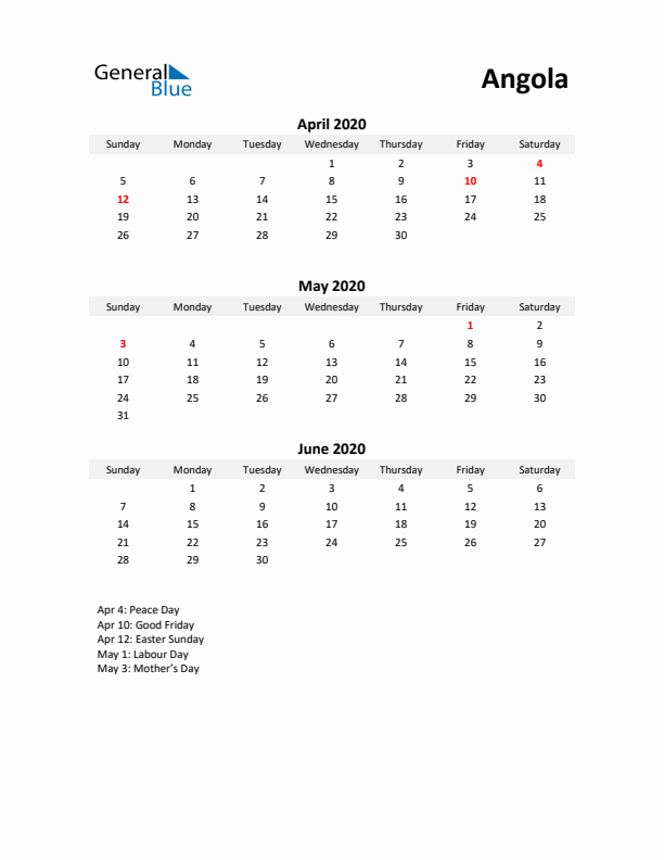 Printable Quarterly Calendar with Notes and Angola Holidays- Q2 of 2020