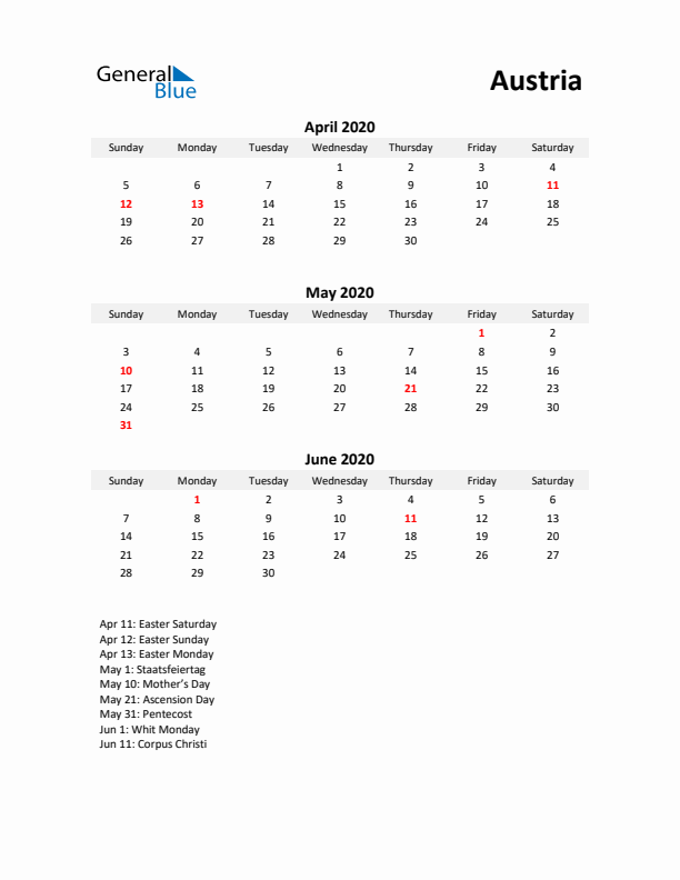 Printable Quarterly Calendar with Notes and Austria Holidays- Q2 of 2020