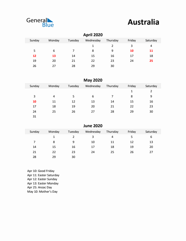 Printable Quarterly Calendar with Notes and Australia Holidays- Q2 of 2020