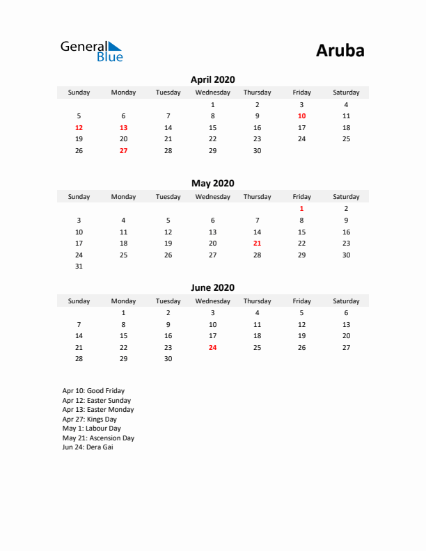 Printable Quarterly Calendar with Notes and Aruba Holidays- Q2 of 2020