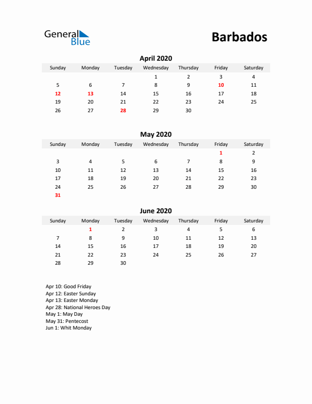 Printable Quarterly Calendar with Notes and Barbados Holidays- Q2 of 2020