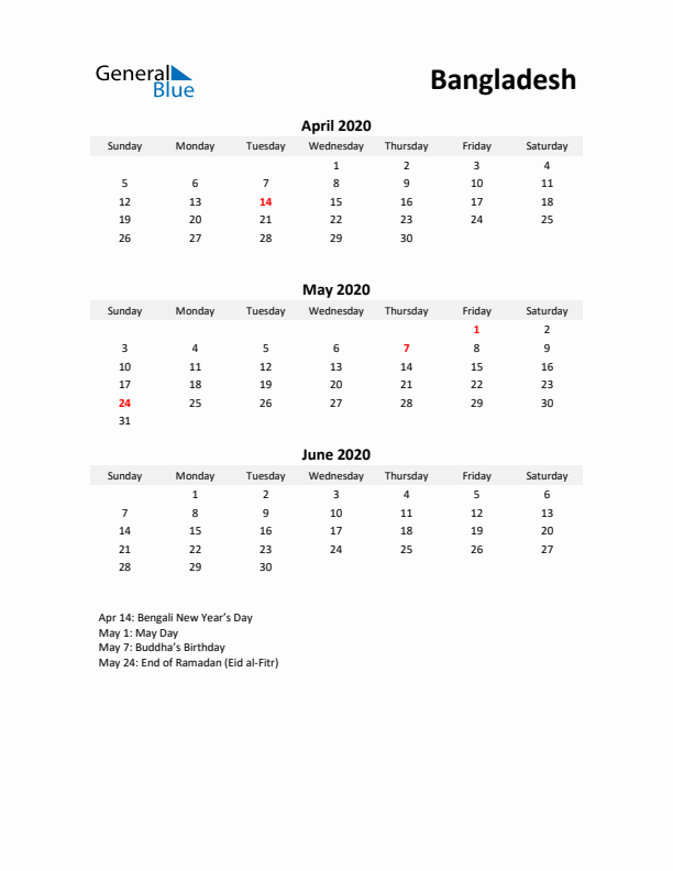 Printable Quarterly Calendar with Notes and Bangladesh Holidays- Q2 of 2020