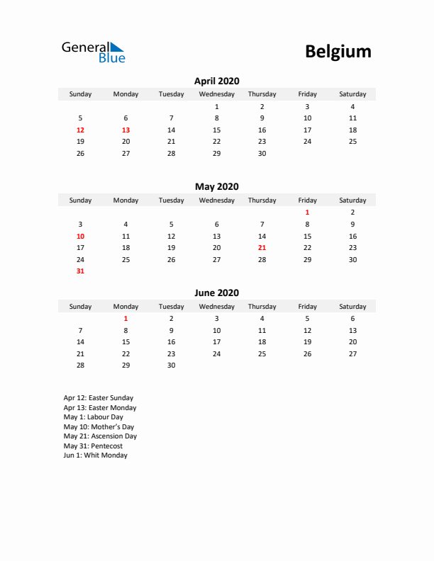 Printable Quarterly Calendar with Notes and Belgium Holidays- Q2 of 2020