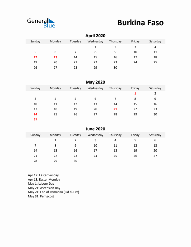 Printable Quarterly Calendar with Notes and Burkina Faso Holidays- Q2 of 2020