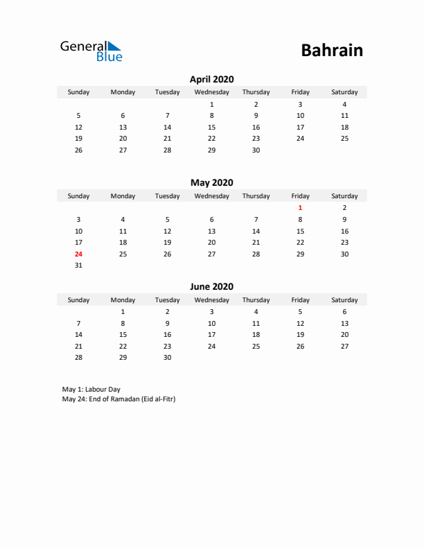 Printable Quarterly Calendar with Notes and Bahrain Holidays- Q2 of 2020