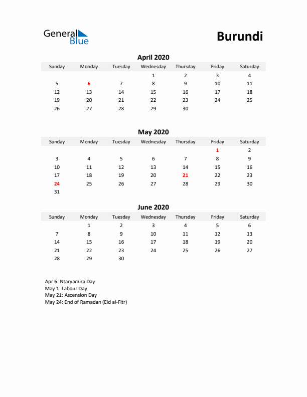 Printable Quarterly Calendar with Notes and Burundi Holidays- Q2 of 2020