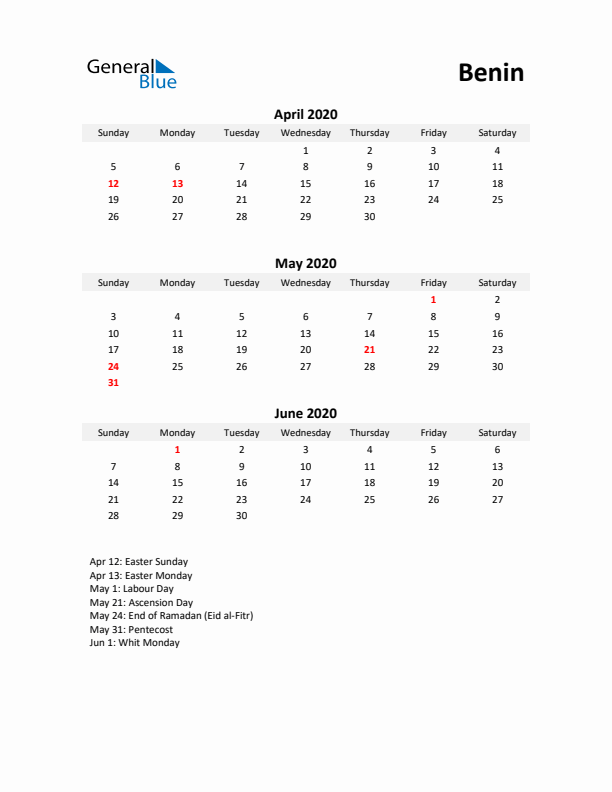 Printable Quarterly Calendar with Notes and Benin Holidays- Q2 of 2020