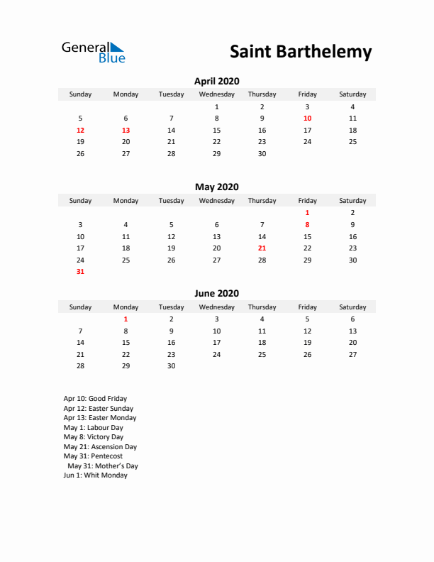 Printable Quarterly Calendar with Notes and Saint Barthelemy Holidays- Q2 of 2020