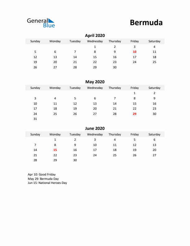 Printable Quarterly Calendar with Notes and Bermuda Holidays- Q2 of 2020