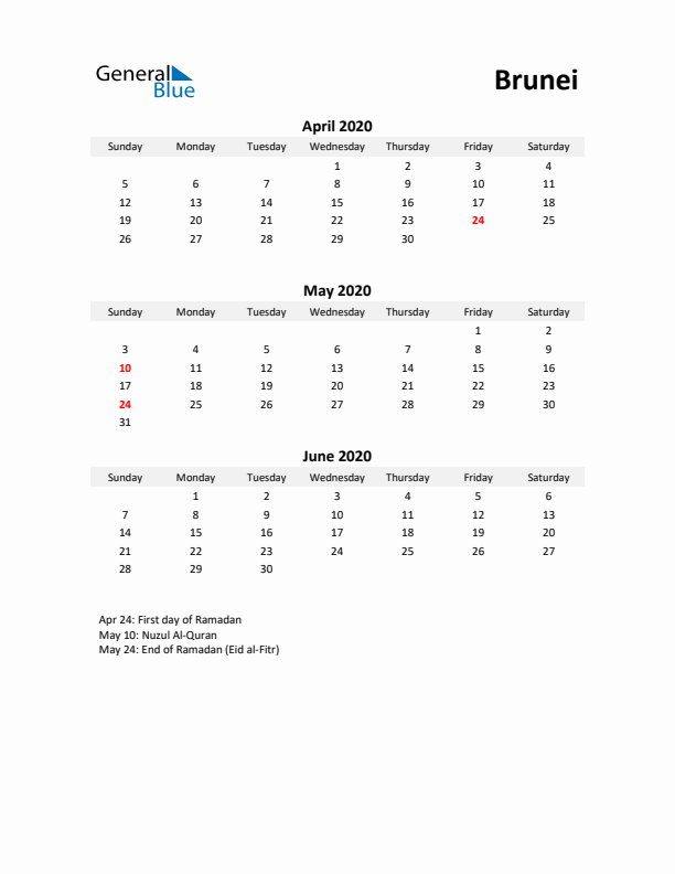 Printable Quarterly Calendar with Notes and Brunei Holidays- Q2 of 2020