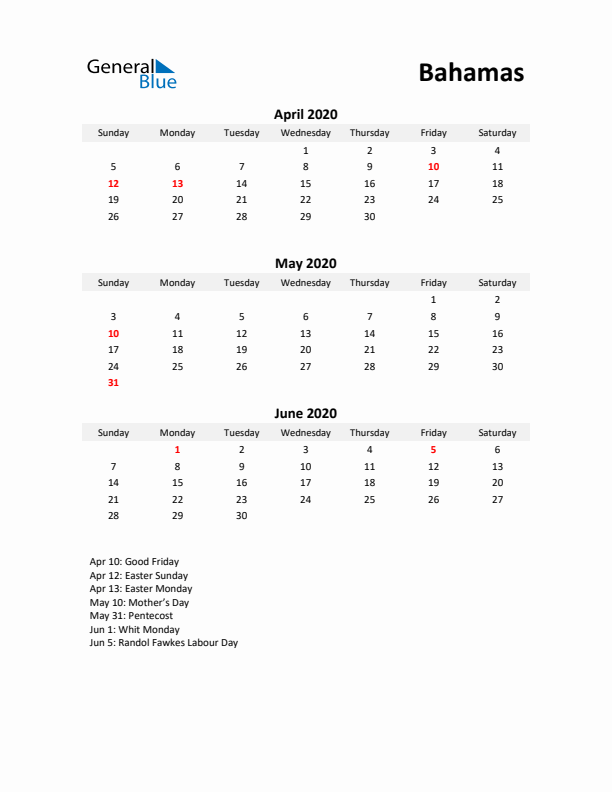 Printable Quarterly Calendar with Notes and Bahamas Holidays- Q2 of 2020