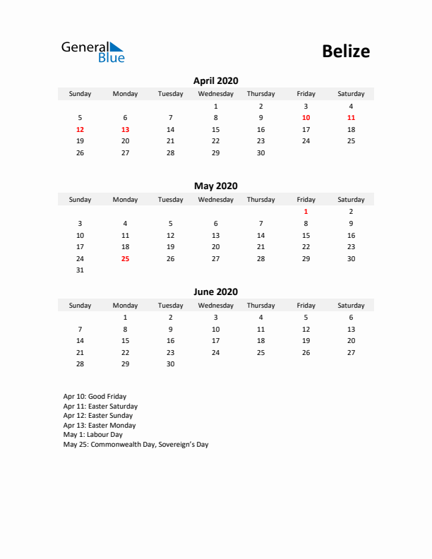 Printable Quarterly Calendar with Notes and Belize Holidays- Q2 of 2020