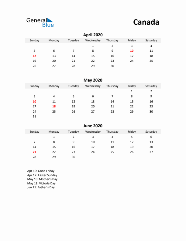 Printable Quarterly Calendar with Notes and Canada Holidays- Q2 of 2020