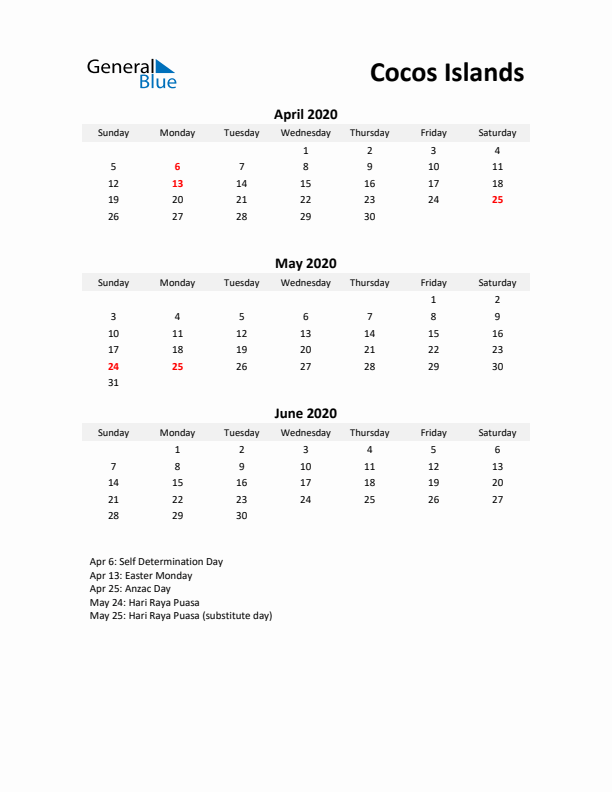 Printable Quarterly Calendar with Notes and Cocos Islands Holidays- Q2 of 2020