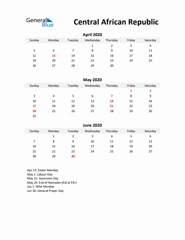 Printable Quarterly Calendar with Notes and Central African Republic Holidays- Q2 of 2020