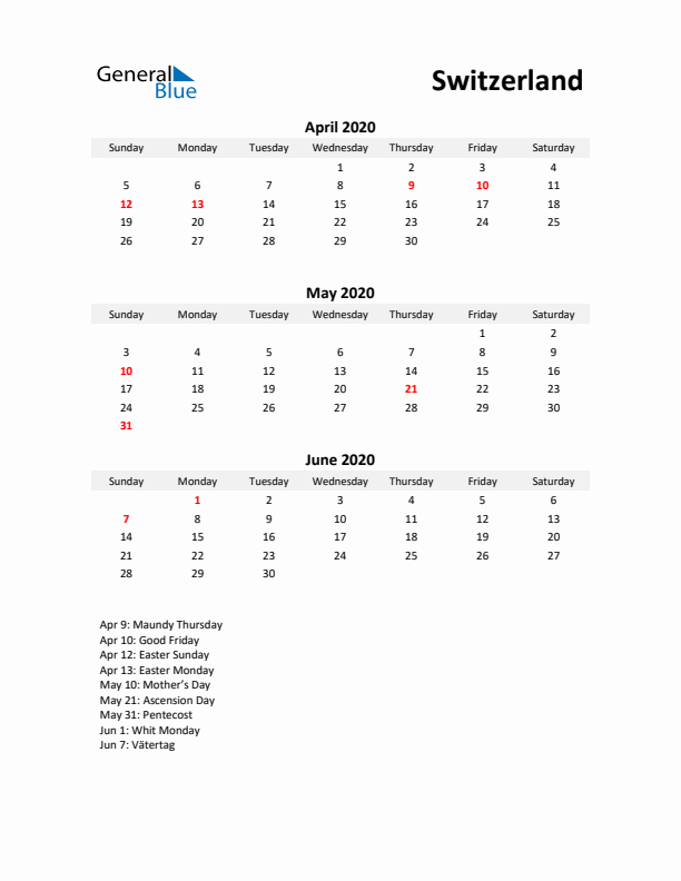 Printable Quarterly Calendar with Notes and Switzerland Holidays- Q2 of 2020