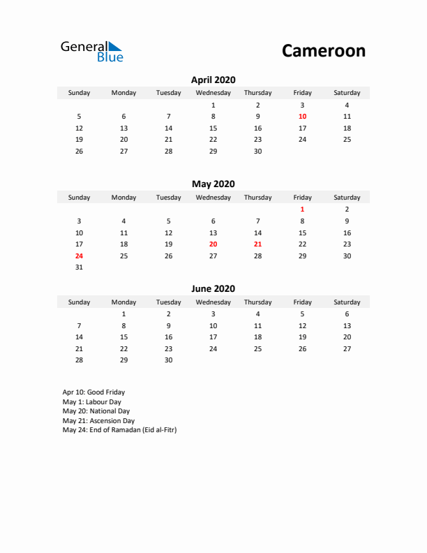 Printable Quarterly Calendar with Notes and Cameroon Holidays- Q2 of 2020