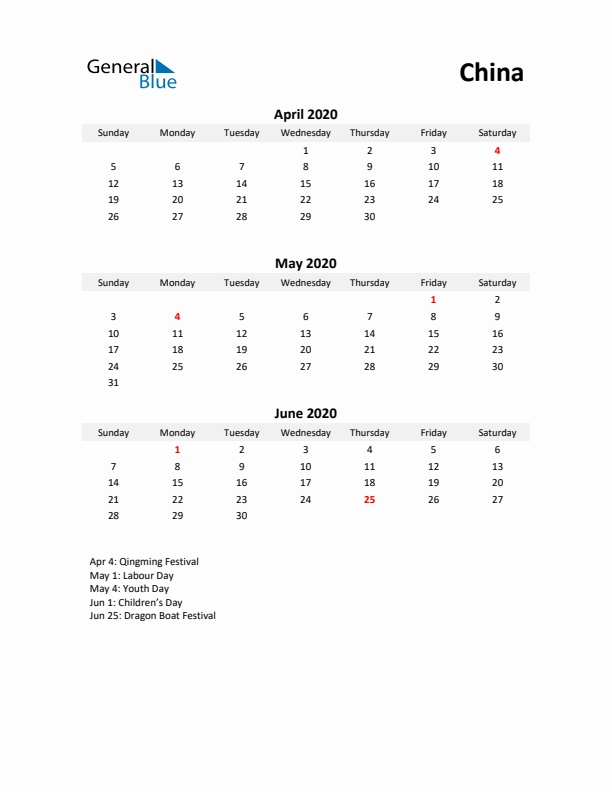 Printable Quarterly Calendar with Notes and China Holidays- Q2 of 2020