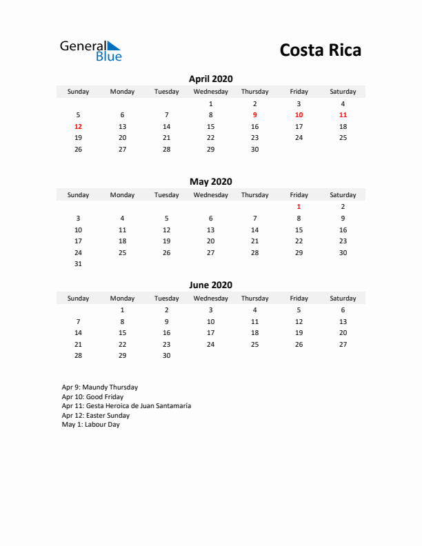 Printable Quarterly Calendar with Notes and Costa Rica Holidays- Q2 of 2020