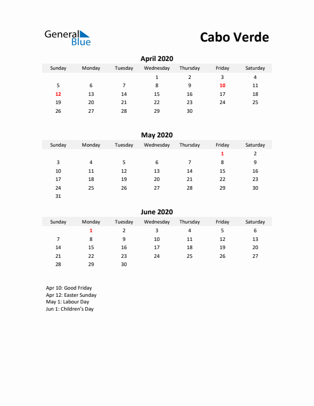 Printable Quarterly Calendar with Notes and Cabo Verde Holidays- Q2 of 2020