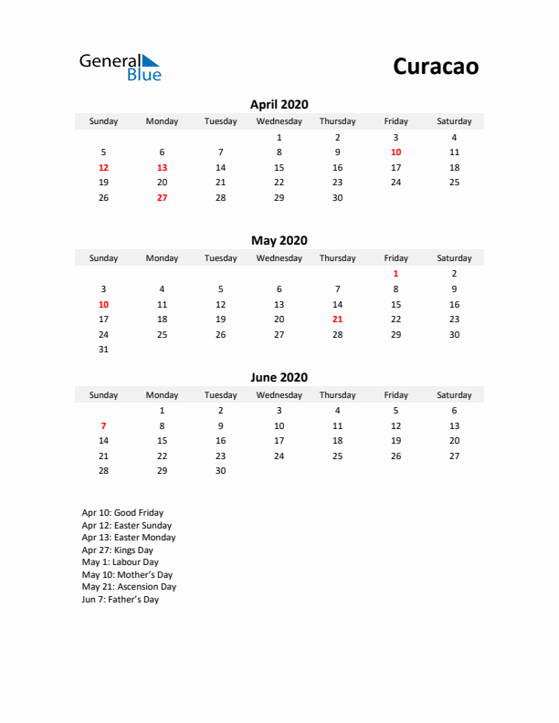 Printable Quarterly Calendar with Notes and Curacao Holidays- Q2 of 2020