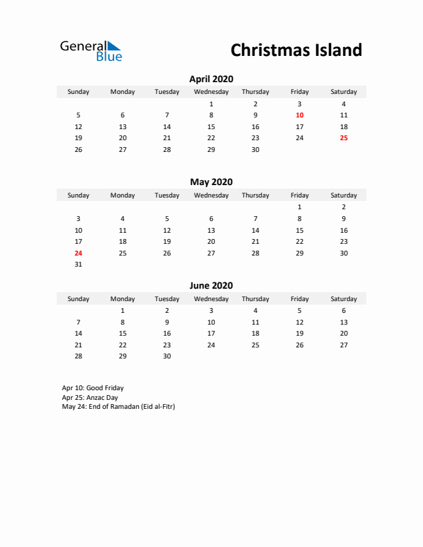 Printable Quarterly Calendar with Notes and Christmas Island Holidays- Q2 of 2020